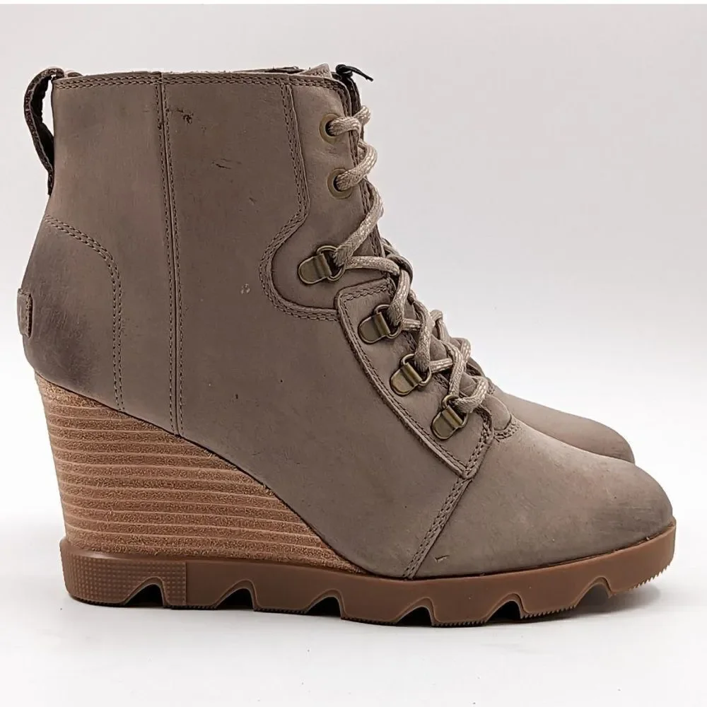Sorel Joan Uptown Waterproof Wedge Bootie in mushroom. 8.5